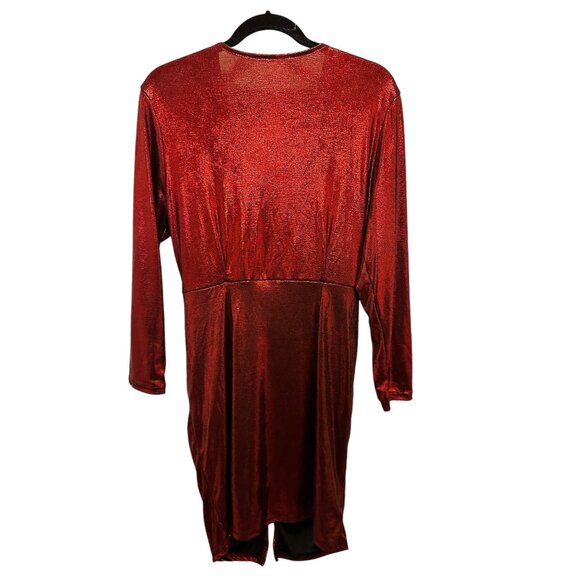 ✌️ 2/$40 ✌️ Red Shimmery Plunging Neck Ruched Body Con Dress sz L - Picture 5 of 8